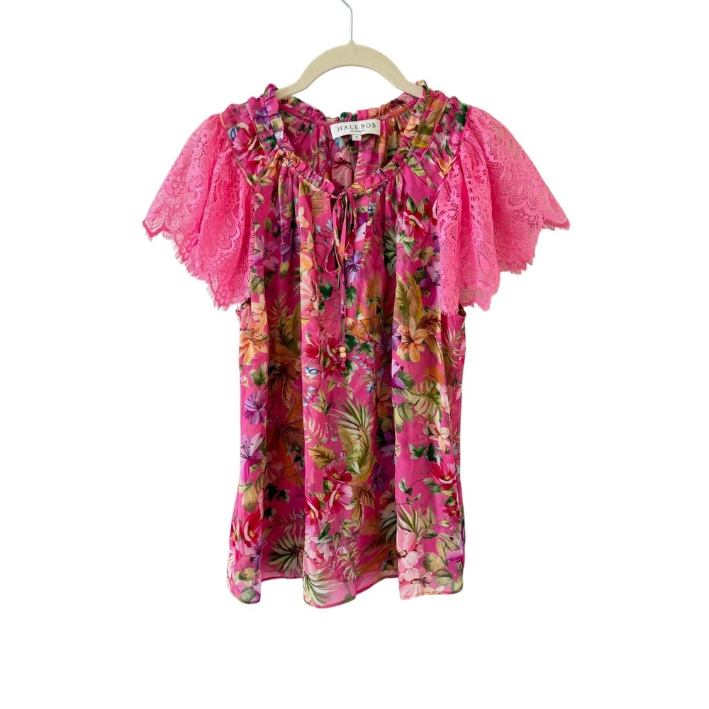 Hale Bob Floral Lace Blouse Top Womens S Pink Tropical Boho Sheer Flutter Sleeve